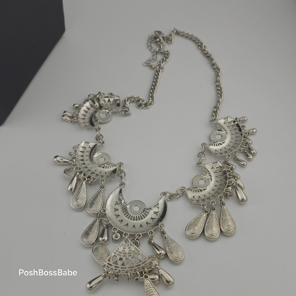 Boho Statement Necklace with Silver-Tone Crescent Medallions – 20-23" Length - Picture 12 of 12